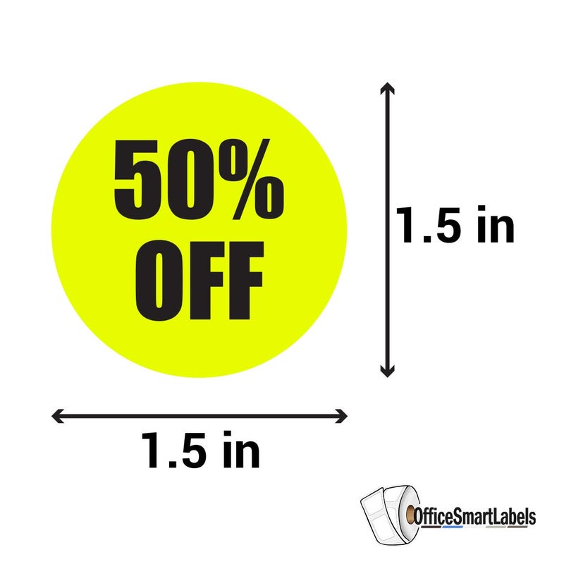 OfficeSmartLabels 50 Percent Off Stickers - Clearance Discount Sale Labels for Small Business Supplies Retail Store Markdown Pricing Stickers - 1.5 Inch Round Circle Fluorescent Yellow - 300 Labels/Roll - Image 3